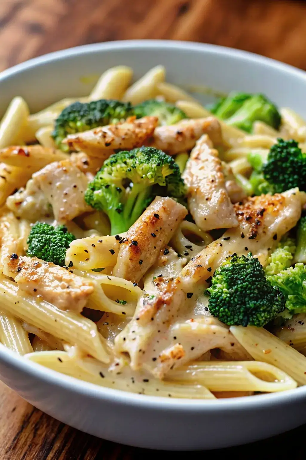 creamy-broccoli-chicken-penne-pin Close-up of Creamy Broccoli and Chicken Penne with grilled chicken and broccoli, topped with parmesan sauce and black pepper.
