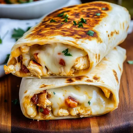 A close-up view of grilled cheesy garlic chicken wraps filled with seasoned chicken, melted cheese, and fresh herbs, served on a wooden board.