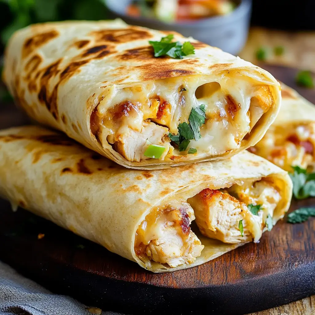 cheesy garlic chicken wraps filled with juicy grilled chicken, gooey melted cheese, and fresh herbs