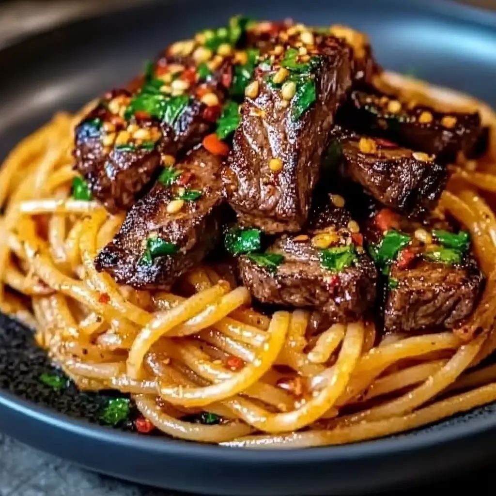 Close-up of sweet and spicy garlic steak pasta with tender grilled beef slices on a bed of spaghetti,