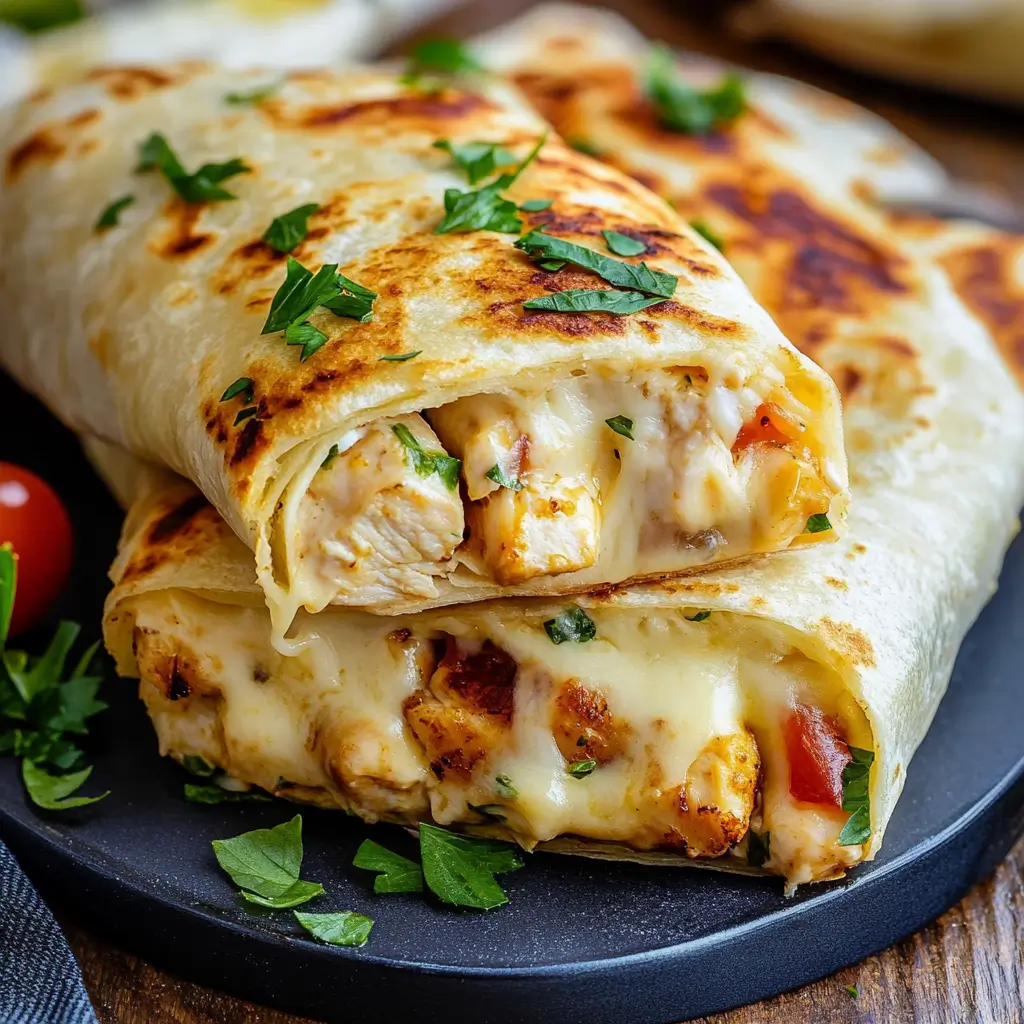 Close-up of golden-brown cheesy garlic chicken wraps, sliced open to reveal gooey melted cheese, grilled chicken, and herbs on a black serving plate.