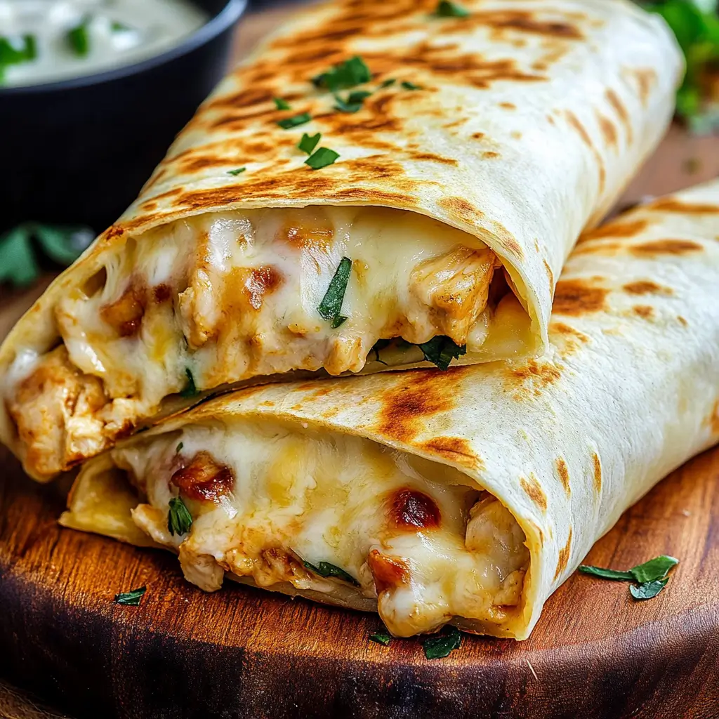 Stacked cheesy garlic chicken wraps with golden toasted tortillas, melty cheese, and tender chicken, garnished with fresh herbs on a wooden board