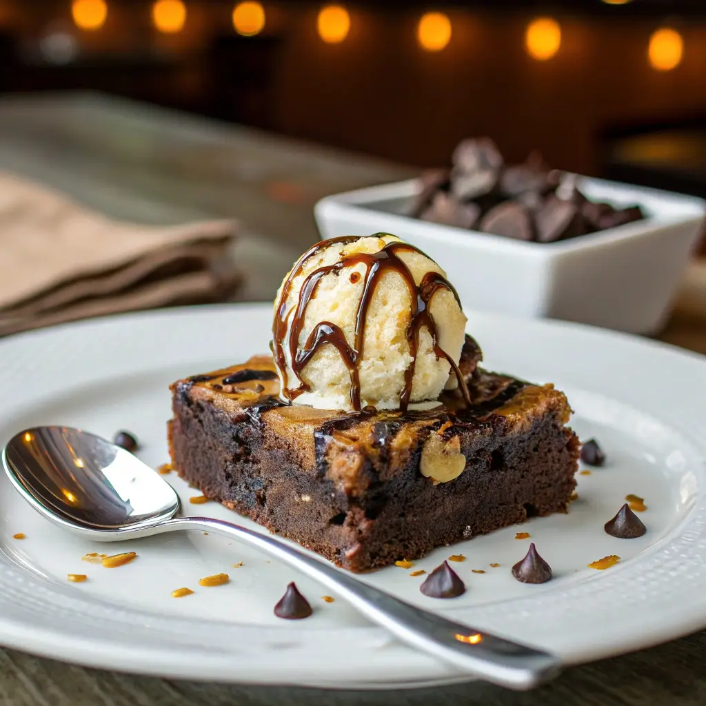 Peanut butter brownie topped with vanilla ice cream and chocolate drizzle, served on a white plate with a spoon and chocolate chips.