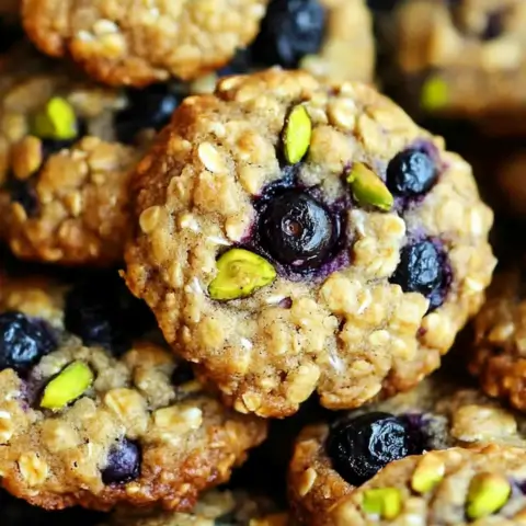 Freshly baked blueberry pistachio oatmeal cookies stacked together, showcasing juicy blueberries and crunchy green pistachios.
