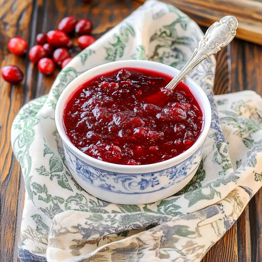 Close-up of bright red homemade cranberry sauce in a bowl.