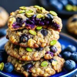 Blueberry pistachio oatmeal cookies on a ceramic plate, topped with whole blueberries and green pistachios