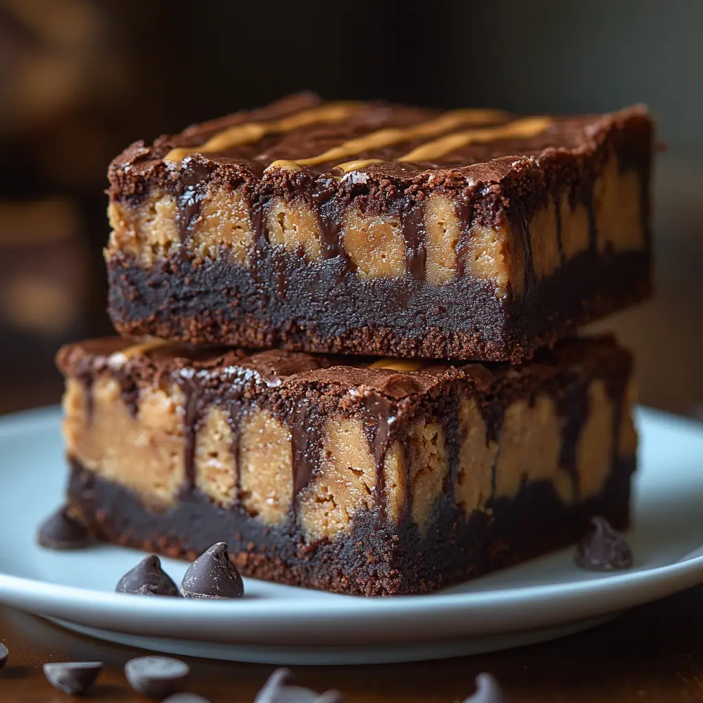 Close-up of two thick peanut butter brownies with a fudgy chocolate base and melted chocolate drizzle.