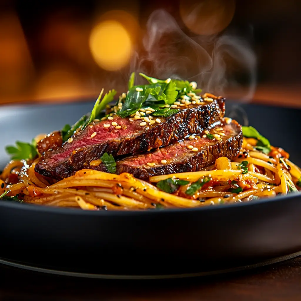 Steaming sweet and spicy garlic steak pasta served in a black bowl, topped with juicy medium-rare steak slices, sesame seeds, and fresh herbs.