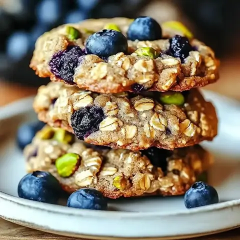 A stack of blueberry pistachio oatmeal cookies on a ceramic plate, topped with whole blueberries and green pistachios