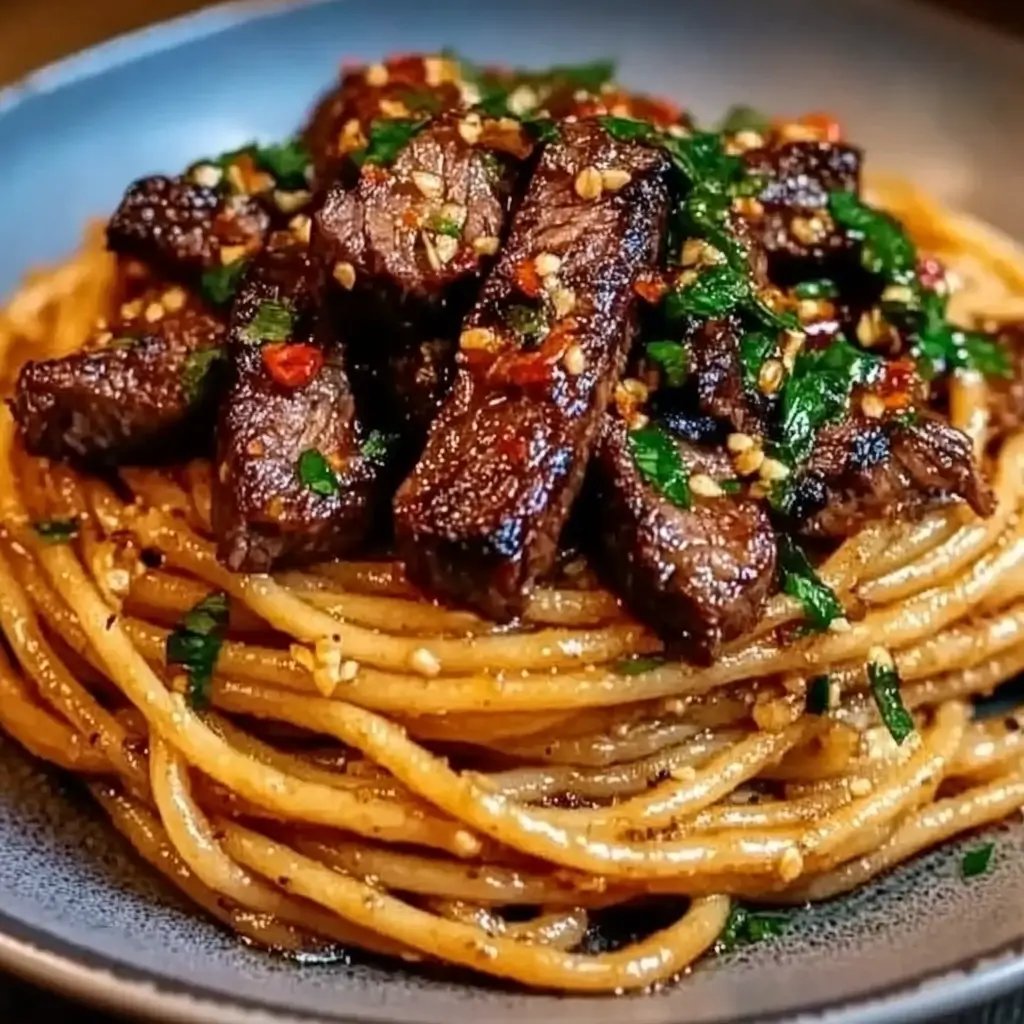 Close-up of sweet and spicy garlic steak pasta with tender grilled beef slices on a bed of spaghetti, garnished with sesame seeds, fresh herbs, and chili flakes.