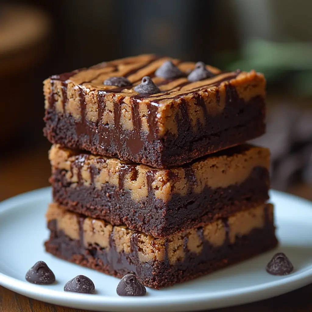 Stack of rich chocolate and peanut butter brownies drizzled with chocolate sauce and topped with chocolate chips.